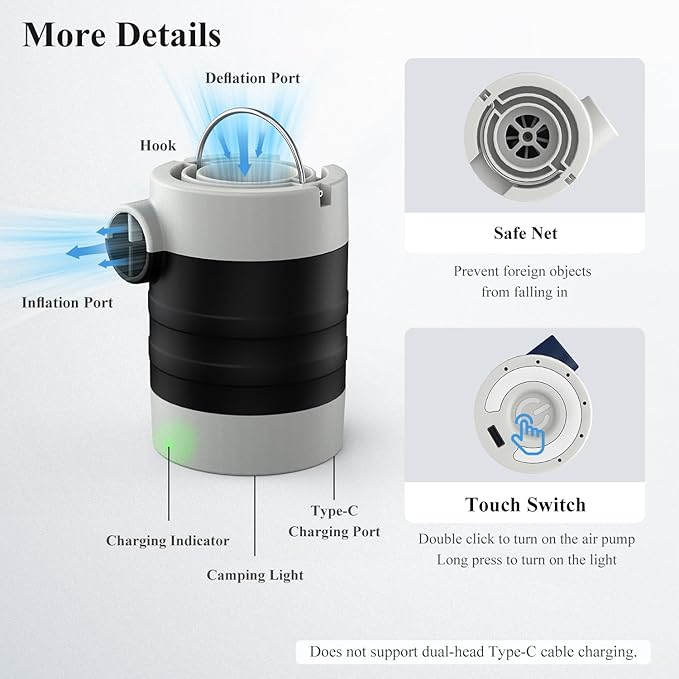 BEAUTYOVO Air Pump for Inflatables, Electric Air Pump with Rechargeable Battery, Tiny and Portable Air Mattress Pump with Camping Light, Quick Inflate Deflate Pump for Pool Floats