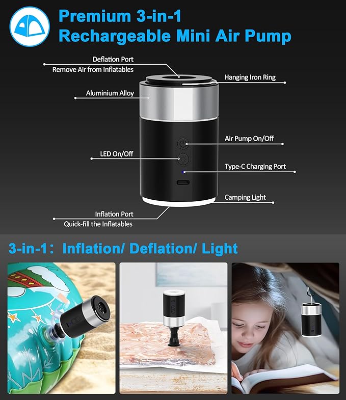 BEAUTYOVO Air Pump for Inflatables, Electric Air Pump with Rechargeable Battery, Tiny and Portable Air Mattress Pump with Camping Light, Quick Inflate Deflate Pump for Pool Floats