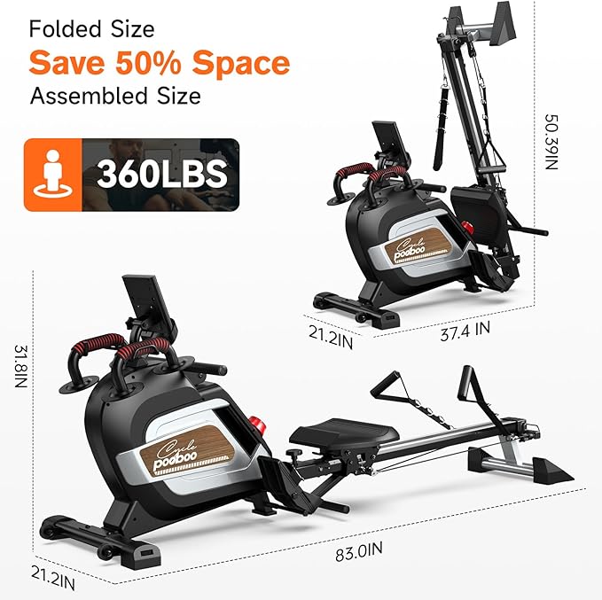 Pooboo Magnetic Rowing Machine 360 LB Weight Capacity, folding rower with Combination Strength exercise, Tablet Holder and Comfortable Seat Cushion, Rower for Home Use