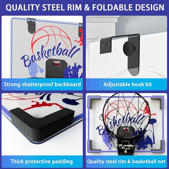 Basketball Hoop Indoor for Kids 4-12 Years Old, Over The Door Mini Hoops with 4 Balls, Scoreboard & Music Accompaniment, Cheering Sounds, Indoor Basketball Hoop Sports Toy Gift for Boys Girls