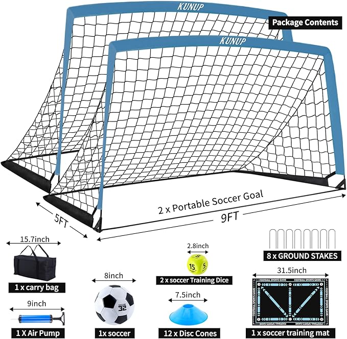 2 Pack Kids Soccer Goal for Backyard Set 9x5FT Portable Pop Up Soccer Net Training Equipment with Soccer Ball, Training Dice Mat, Cones and Carry Bag for Youth Toddler Teams Indoor Outdoor Sport Game