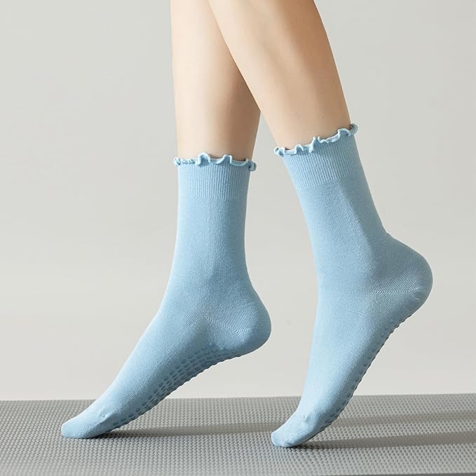 3 Pairs Pilates Socks with Grips Non Slip Ruffle Yoga Grip Socks for Women