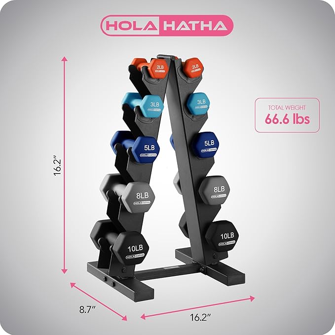 HolaHatha 2, 3, 5, 8, and 10 Pound Neoprene Dumbbell Free Hand Weight Set with Rack, Ideal for Home Exercises to Gain Tone and Definition, Pastel