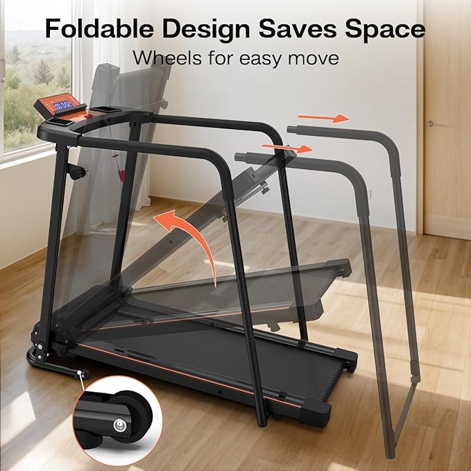 Treadmill for Seniors with Extended Long Handrails for Balance & Safety Foldable Elderly Treadmills for Home Composite Shock-Absorbing Treadmill for Seniors 300 lbs Capacity LCD Display APP Control