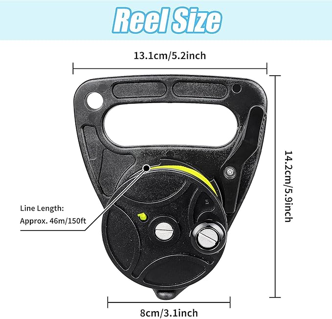 Compact 150ft Scuba Dive Reel Kayak Anchor with Thumb Stopper for Safety Underwater Diving Snorkeling