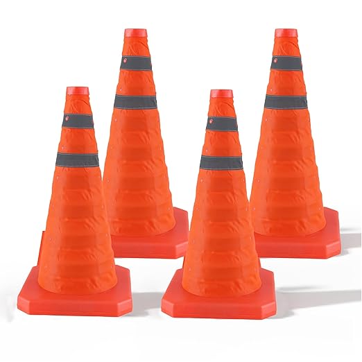18 Inch 4 Pack Collapsible Traffic Safety Cones, Orange Cones with Reflective Collar, Portable Multipurpose Traffic Cones for Parking Construction Driving Training Sports Practice