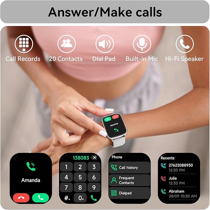 Tensky Smart Watch for Women Android & iPhone, 1.85" Touch Screen Fitness Tracker with Answer/Make Call, IP68 Waterproof 24/7 Health/Sleep Monitor, Pedometer, 100+ Sport Modes (2 Bands)