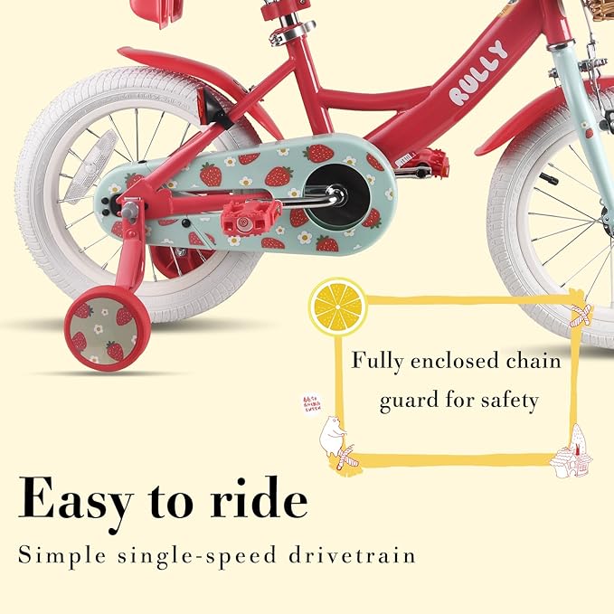 RULLY Fruit Kids Bike 12 14 16 Inch Bicycle for Girls Ages 2-7 Years, Training Wheels Included, Girl Bikes with Basket & Doll Seat