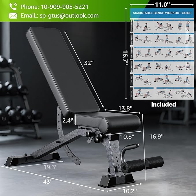 192-Setting Adjustable Weight Bench, 1200LB Heavy Duty Workout Bench for Home Gym, Commercial Incline-Flat-Decline Bench Press for Full Body Fitness, 4 Suitable Leg Rest Gears with Fully Upright Backrest