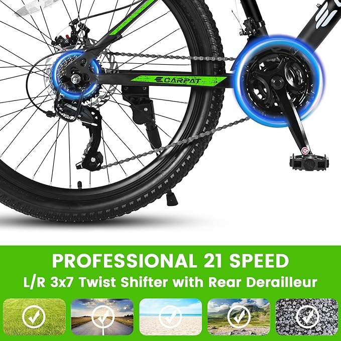 24/26 Inch Mountain Bike, 21 Speed Mountain Bicycle with High Carbon Steel Frame, Dual Disc Brakes and Front Suspension, MTB Bike for Adult Teenagers Boys Girls