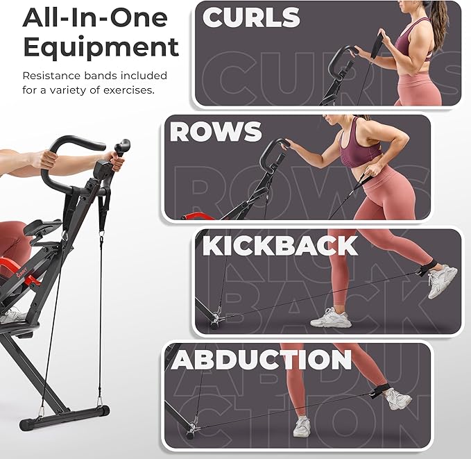 Sunny Health & Fitness Row-N-Ride PRO, Full Body Combo Squat Machine w/Optional Resistance Band, Easy Setup Ab Workout Exercise Equipment for Home, Whole Body Cardio, Optional SunnyFit App Connection