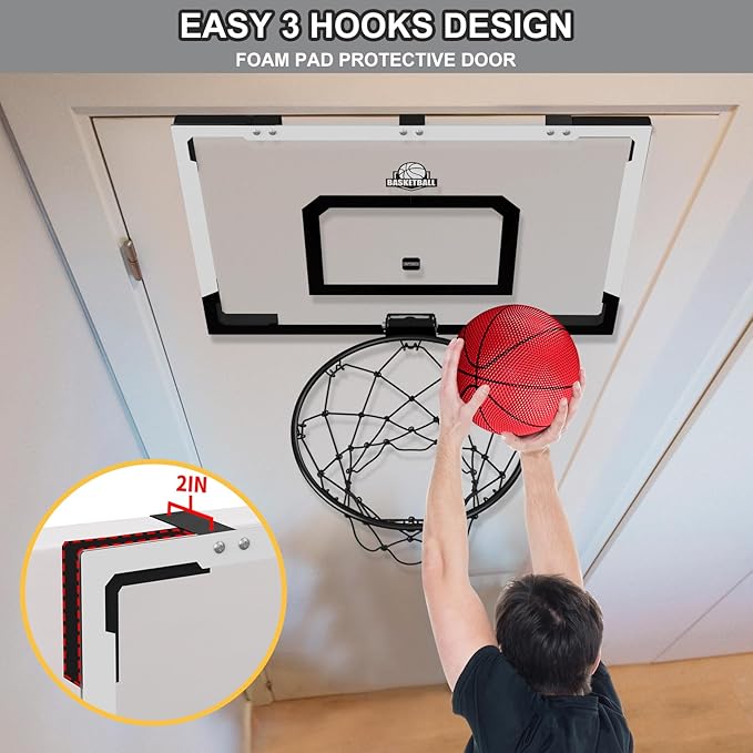 24" x 16" Large Basketball Hoop Indoor for Adults, Over The Door Basketball Hoop with Sturdy Backboard, Big Basketball Toys Gifts Ideas for Man Kids Teens Boys Girls, Black