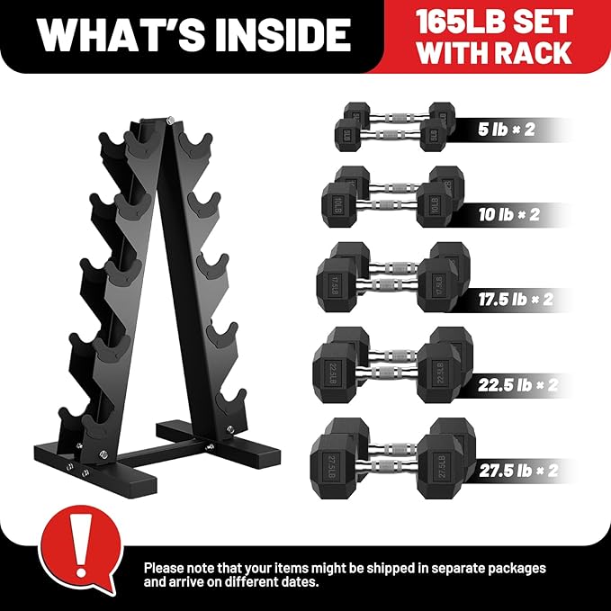 PAPABABE Hex Dumbbell Sets with Rack, 60-550lb Rubber Coated Dumbbell Weight Set and Storage Rack, Multiple Options Hand Weights for Strength Training