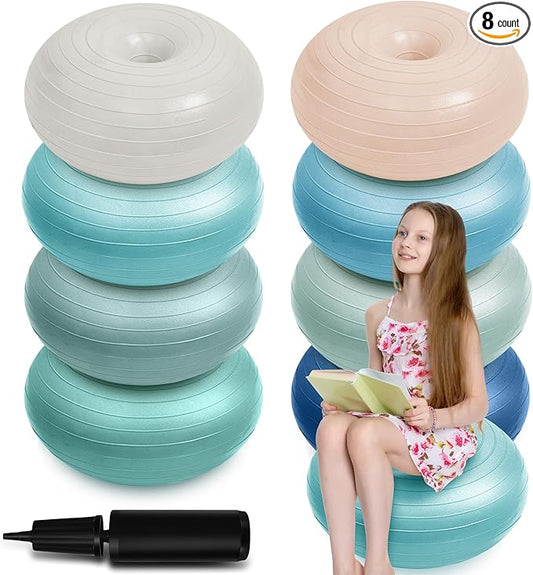 Lewtemi 8 Pcs Flexible Seating for Classroom Elementary 20'' Yoga Ball Chair Large Inflatable Donut Exercise Ball Chair Wobble Seat with Inflator for Kids Student Balance