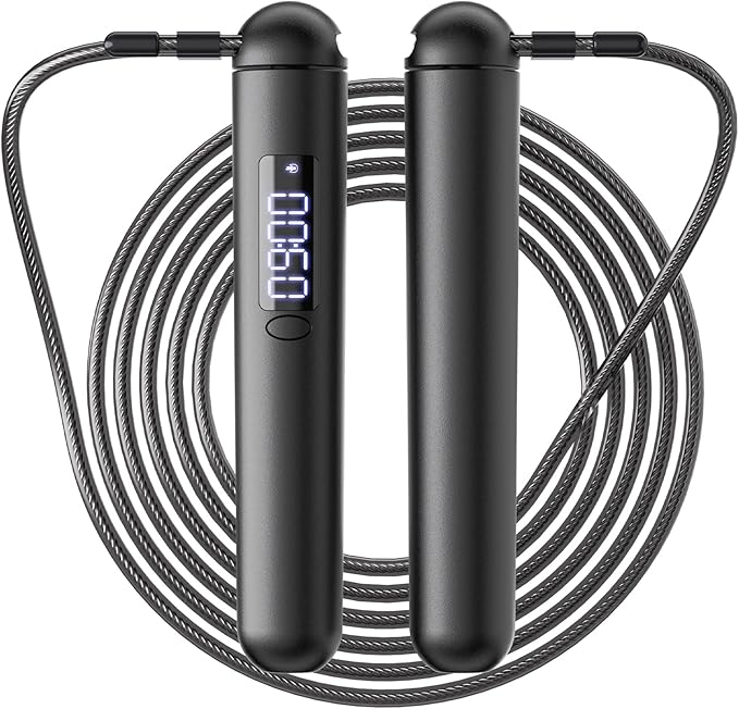 Smart Jump Rope – Customisable Calorie, Count and Time Settings Jump Ropes, Adjustable Steel Wire Skipping Rope with LED Display, for Men Women Fitness and Workout