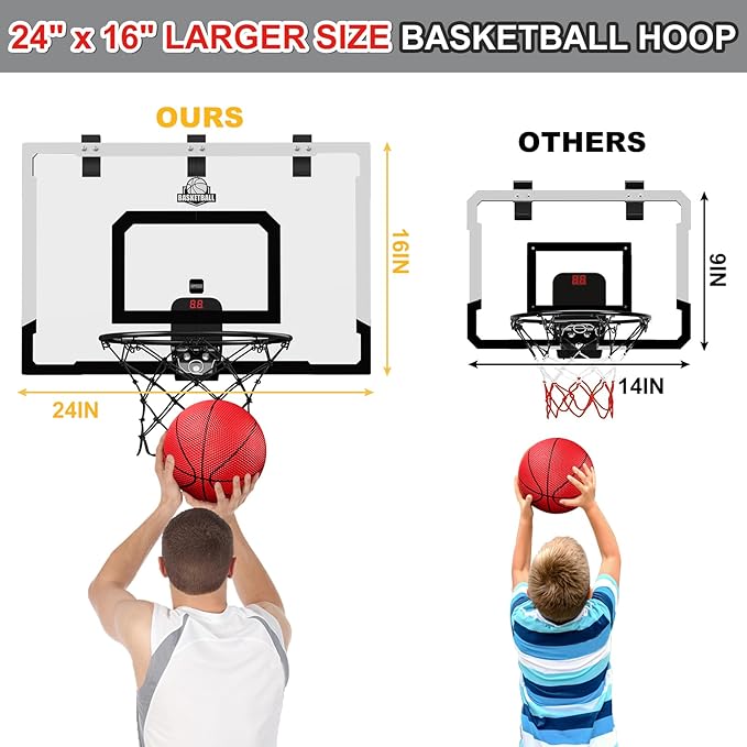 24" x 16" Large Basketball Hoop Indoor for Adults, Over The Door Basketball Hoop with Sturdy Backboard/Electronic Scoreboard, Basketball Toys Gifts Ideas for Man Kids Teens Boys Girls, Black