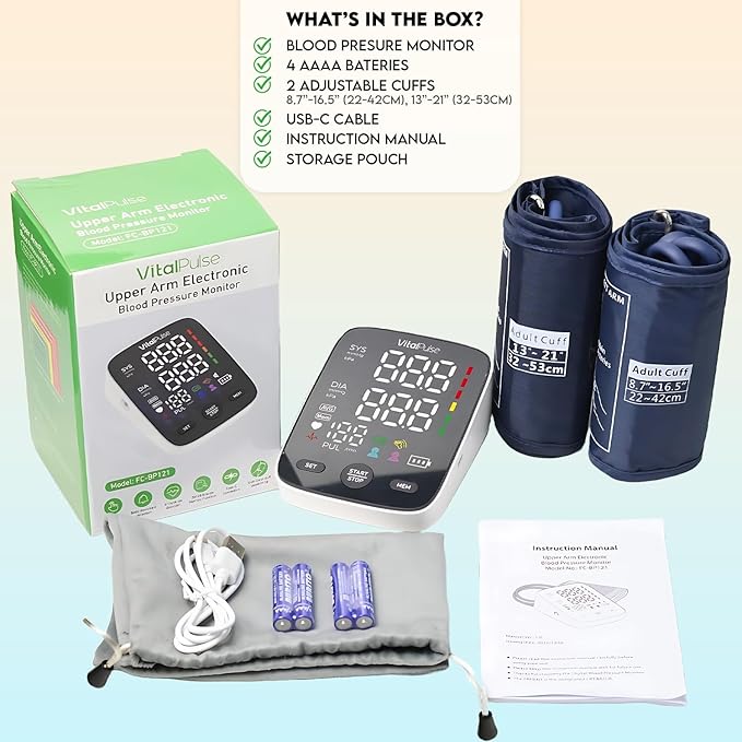 Blood Pressure Monitor - Digital BP Monitor with 8.7” - 16.5” Cuff and 13” - 21” Cuff (Set of 2) Automatic Blood Pressure Cuff for Upper Arm with Large LED Display with 2x120 Reading Memory