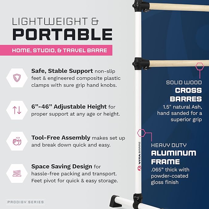 VITA Barre Portable Freestanding Double Ballet Barre, Prodigy, Wood | Adjustable Height, USA Made, Home or Gym Exercise Equipment for Kids & Adults | Dance, Fitness, Pilates