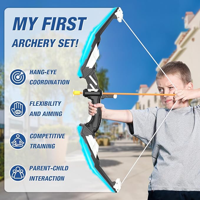 2 Pack Bow and Arrow with Moving Target for Kids, LED Light Up Archery Set with 24 Suction Cup Arrows, 6 Score Targets & 2 Quiver, Indoor Outdoor Sport Gifts for Boys Girls Ages 4-12