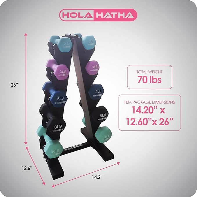 HolaHatha 2, 3, 5, 8, and 10 Pound Neoprene Dumbbell Free Hand Weight Set with Rack, Ideal for Home Exercises to Gain Tone and Definition, Pastel