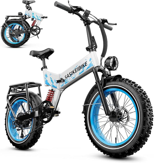 1500W Folding Electric Bike for Adults, 52V 20AH Large Removable Battery E Bike, 30+MPH, 80 Miles Max Range, 20" x4.0 Fat Tire Ebike, Dual Suspension Commute Electric Mountain Bicycle