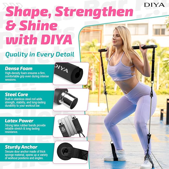 Pilates Bar Kit with Resistance Bands, Stretched Pilates Bar for Women & Men, 140 lbs Equipment for Legs, HIPS, Waist, Arms, Back, Core, Adjustable 3-Section Home Gym Kit for Full-Body Workouts