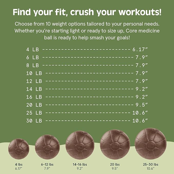 Core Weighted Medicine Ball 4, 6, 8, 10, 12, 14, 16, 20, 25, 30 lbs, Soft Touch Vegan Leather with Sturdy Grip for Strength Training, Recovery, Balance Exercises and Other Full-Body Workouts