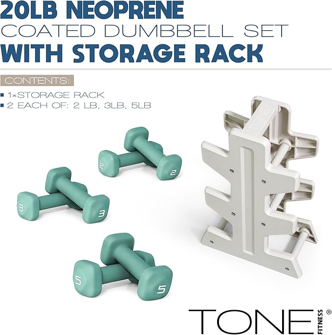 Tone Fitness Neoprene Dumbbell Set with Storage Rack – Non-Slip, Anti-Roll Hand Weights for Home Gym Workouts | 20 lb, 32 lb, & 50 lb Options