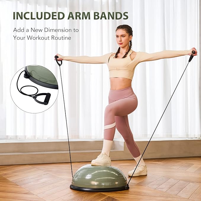 ZELUS Balance Ball Trainer with Resistance Bands and Foot Pump, Inflatable Yoga Ball for Home Gym Workouts, 23 Inch Exercise Half Ball for Balance Training Core Strength Fitness More, 330lb Cap