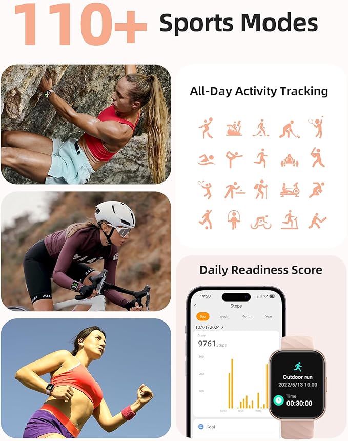 Parsonver Smart Watch, 5ATM Waterproof Swimming Watch, Fitness Activity Tracker with 110+ Sports Modes, Heart Rate/Sleep/SpO2/Calories Monitor, Pedometer, Fitness Watch for Android & iPhone, Rose Gold