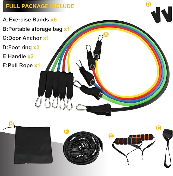 Resistance Bands Set with Door Anchor Training System, 5 Colors Stackable up to 150LBS, Includes 5-Angle Door Training Tool, Home Full Body Workout Bands, Handles, Ankle Straps, Portable Bag