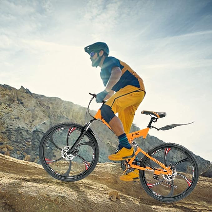 26 ich Folding Mountain Bike, 21 Speed High Carbon Steel Mountain Bike for Adults with 26 Inches Durable Tires, Front Suspension Folding Bicycle for Women and Man