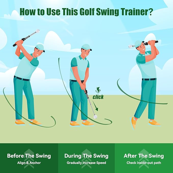 Retractable Golf Swing Trainer - Golf Swing Training Aid,Golf Grip Trainer & Improve Swing Tempo | Click Stick Right-Handed Training Aid with Arm Band for All Golfers,Indoor & Outdoor Use
