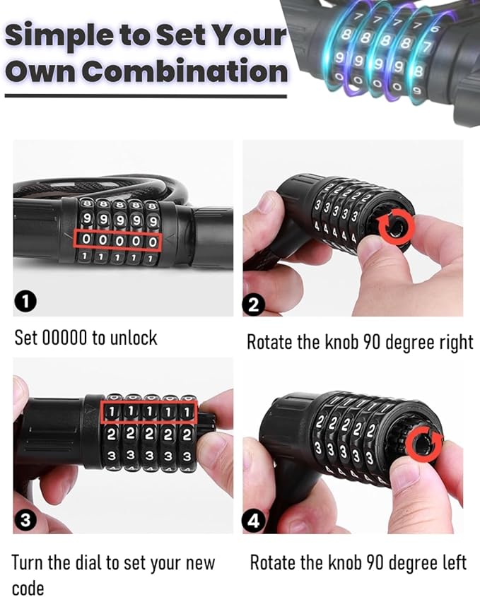 Combination Bike Lock Cable - with LED Bike Tail Light and Keypad Light, IPX6 Waterproof Heavy Duty Strong Anti-Theft 5 Digit Keyless Cable Lock, for Kids Adult Bike Accessories (4FT, Black-0.5 inch)