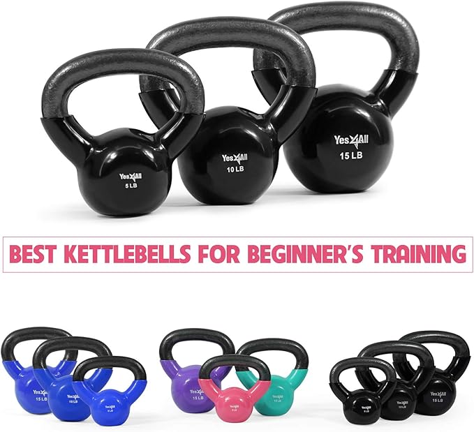 Yes4All Kettlebell Set Vinyl Coated Weights Combo for Full Body Workout Equipment Push up, Grip Strength Training, Dumbbell Weights Exercises