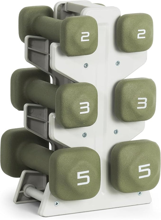 Tone Fitness Neoprene Dumbbell Set with Storage Rack – Non-Slip, Anti-Roll Hand Weights for Home Gym Workouts | 20 lb, 32 lb, & 50 lb Options