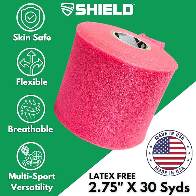 Shield Athletic Underwrap | Bulk Case of 48 Rolls of PreWrap, Hair Tie, Headband, Patellar Support, Pre-Wrap Athletic Tape, 2.75" X 30 SYards, Foam Barrier, Flexible, Breathable (Pink)
