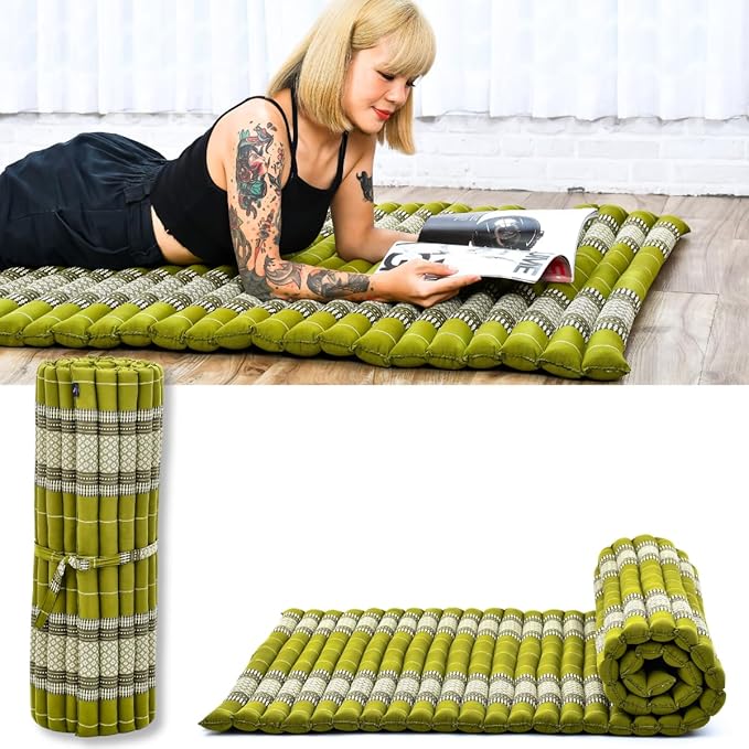 Leewadee - Kapok Roll Mat – Handcrafted Folding Sleep & Relaxation Mattress from Thailand, Ideal as Guest Bed, Camping Mat, Yoga Mat or Traditional Futon, 75 x 39 inches, Green