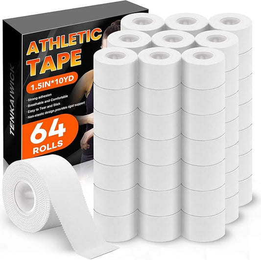 64 Pack Athletic Tape, White Sports Tape for Wrist Ankle Protection, Sports Tape Athletic No Sticky Residue, Easy to Tear Gymnastics Tape for Soccer, Football, Training Supplies (1.5" x 640 Yards)