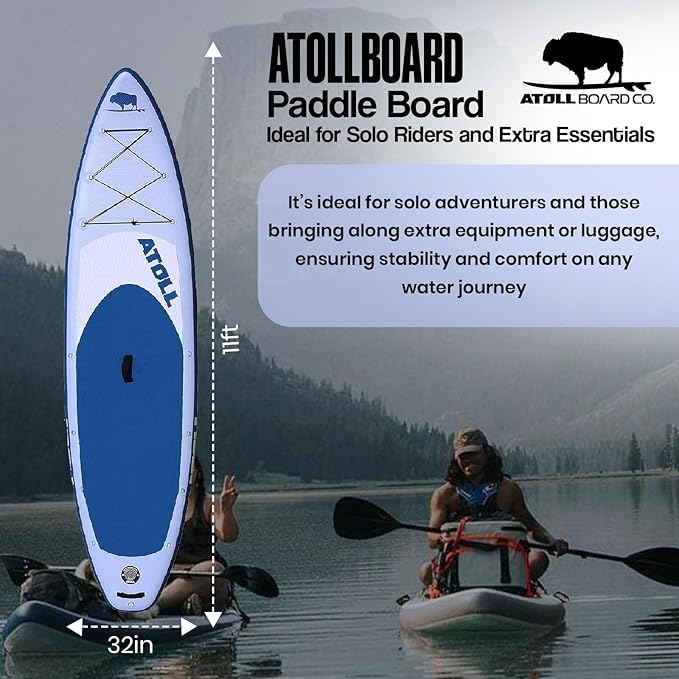 Atoll Inflatable Stand Up Paddle Board ISUP, Bravo Hand Pump and 3 Piece Paddle, Travel Backpack and Accessories New Leash Included Two Sizes - 11ft and 9ft