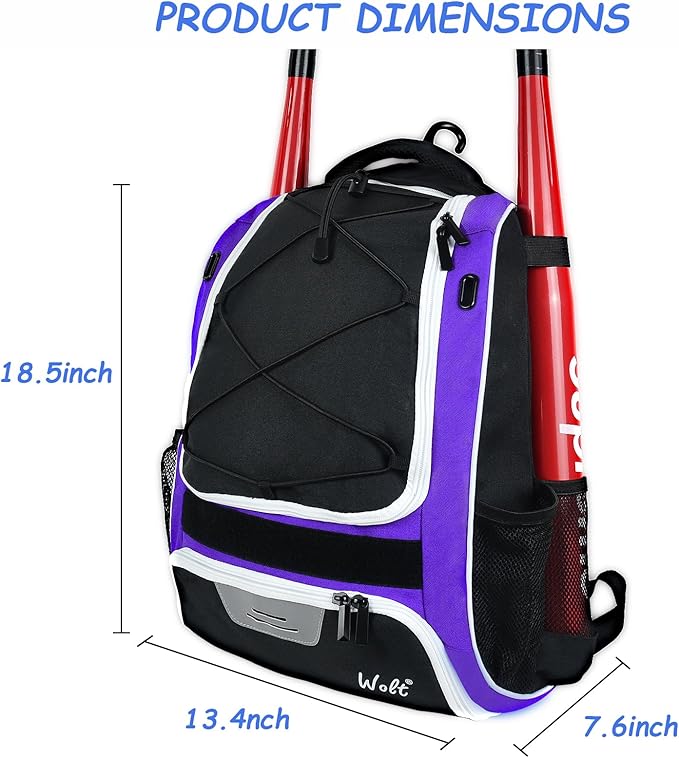 WOLT Youth Baseball Bag - Bat Backpack for Baseball, T-Ball & Softball Equipment & Gear, Bat & Glove Holder, Large Main Compartment for Helmet & accessories, Separate Shoes Compartment, Fence Hook