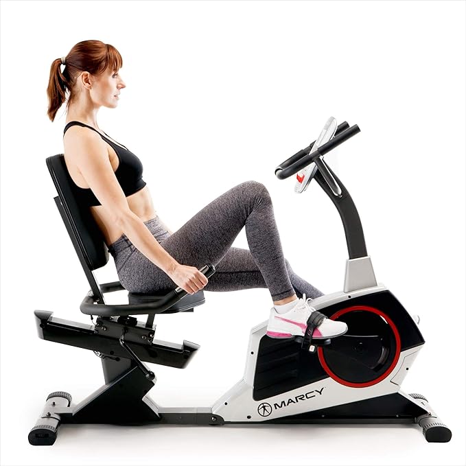 Marcy Regenerating Recumbent Exercise Bike with Adjustable Seat, Pulse Monitor and Transport Wheels ME-706