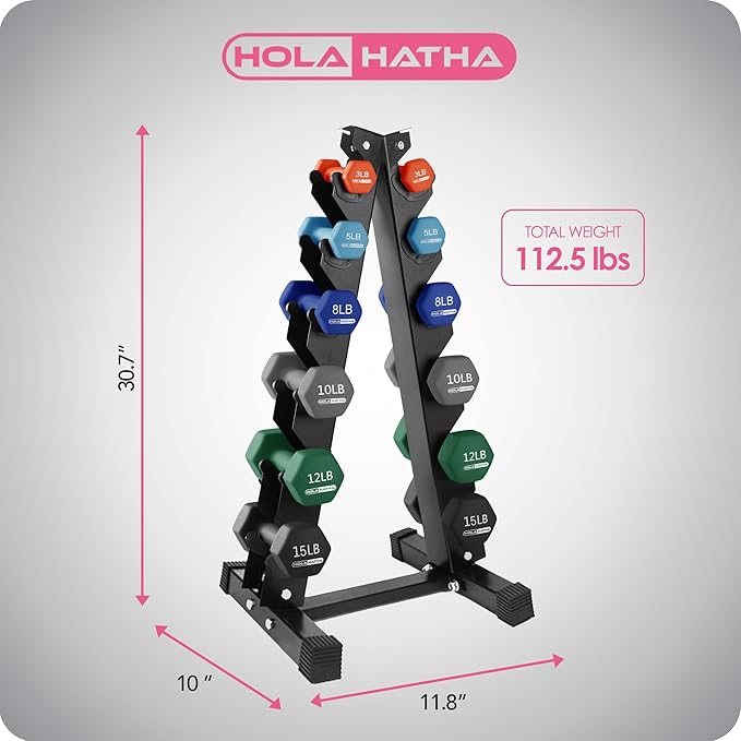 HolaHatha 2, 3, 5, 8, and 10 Pound Neoprene Dumbbell Free Hand Weight Set with Rack, Ideal for Home Exercises to Gain Tone and Definition, Pastel