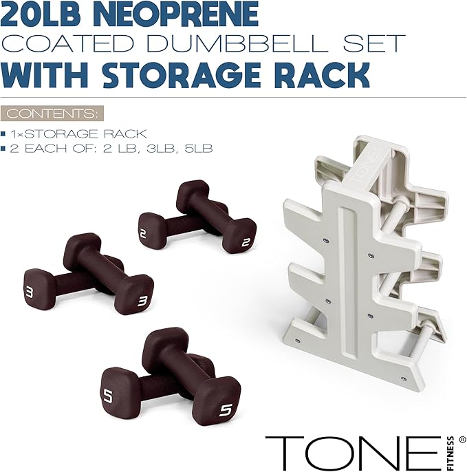 Tone Fitness Neoprene Dumbbell Set with Storage Rack – Non-Slip, Anti-Roll Hand Weights for Home Gym Workouts | 20 lb, 32 lb, & 50 lb Options