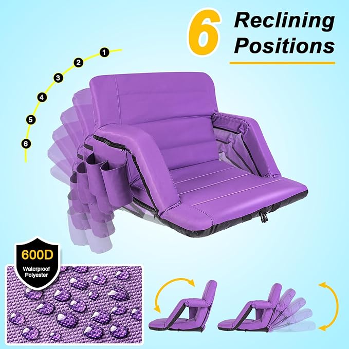 Stadium Seats with Back Support 2 Pack Wide, Exclusive Bleacher Chairs with Back and Cushion Folding Stadium Chairs, 6 Reclining Positions Waterproof Bleacher Seats (Wide|22.5" Purple)