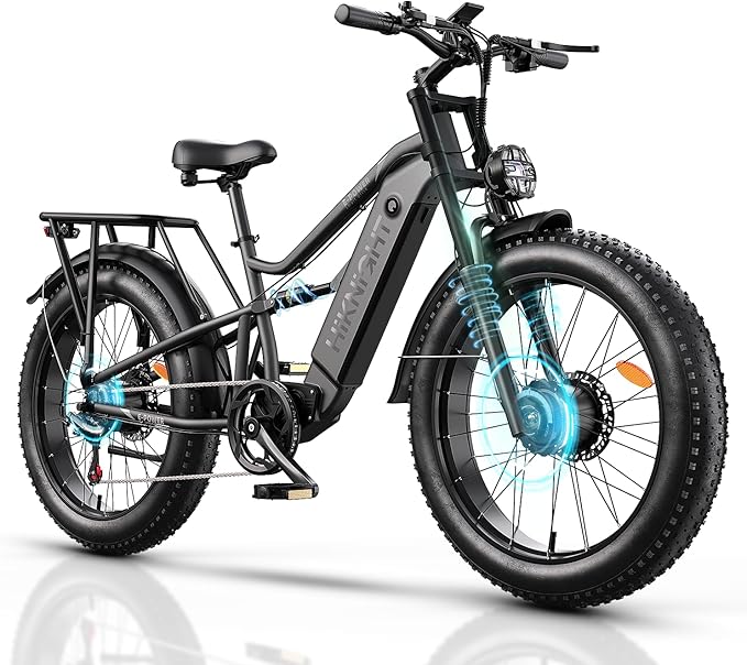 Dual Motor Electric Bike Peak 3000W, 52V 20AH Battery E Bike for Adults 26 Inch Fat Tire Mountain Electric Bicycle 38 MPH, Full Suspension Dual Hydraulic Disc Brake, Up to 90 Miles Range
