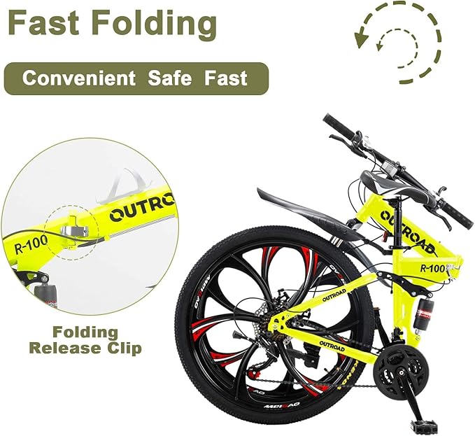 26 ich Folding Mountain Bike, 21 Speed High Carbon Steel Mountain Bike for Adults with 26 Inches Durable Tires, Front Suspension Folding Bicycle for Women and Man