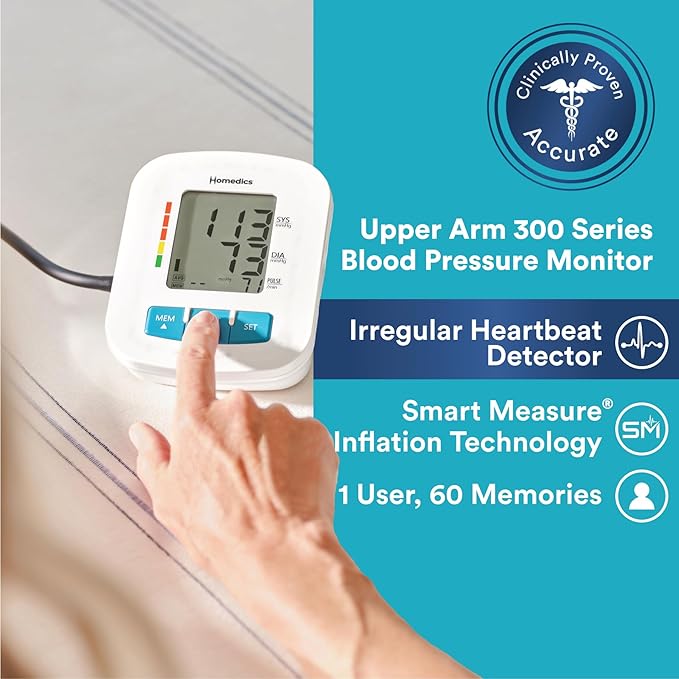 Homedics Upper Arm 300 Series Blood Pressure Monitor, Easy One-Touch Operation, Irregular Heartbeat Detector, Accurate Results