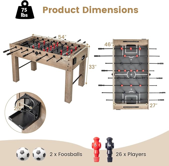 GYMAX Foosball Table, 54 Inch Full Size Soccer Table Game with 2 Balls and Folding Cup Holders, Foosball Table Adult Size for Home, Game Room, Office