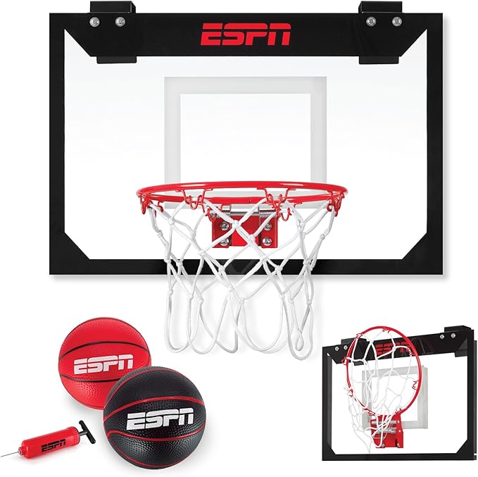 ESPN Mini Basketball Hoop, Over The Door Basketball Hoop with Foldable Breakaway Rim, Includes 2 Mini Basketballs and Pump